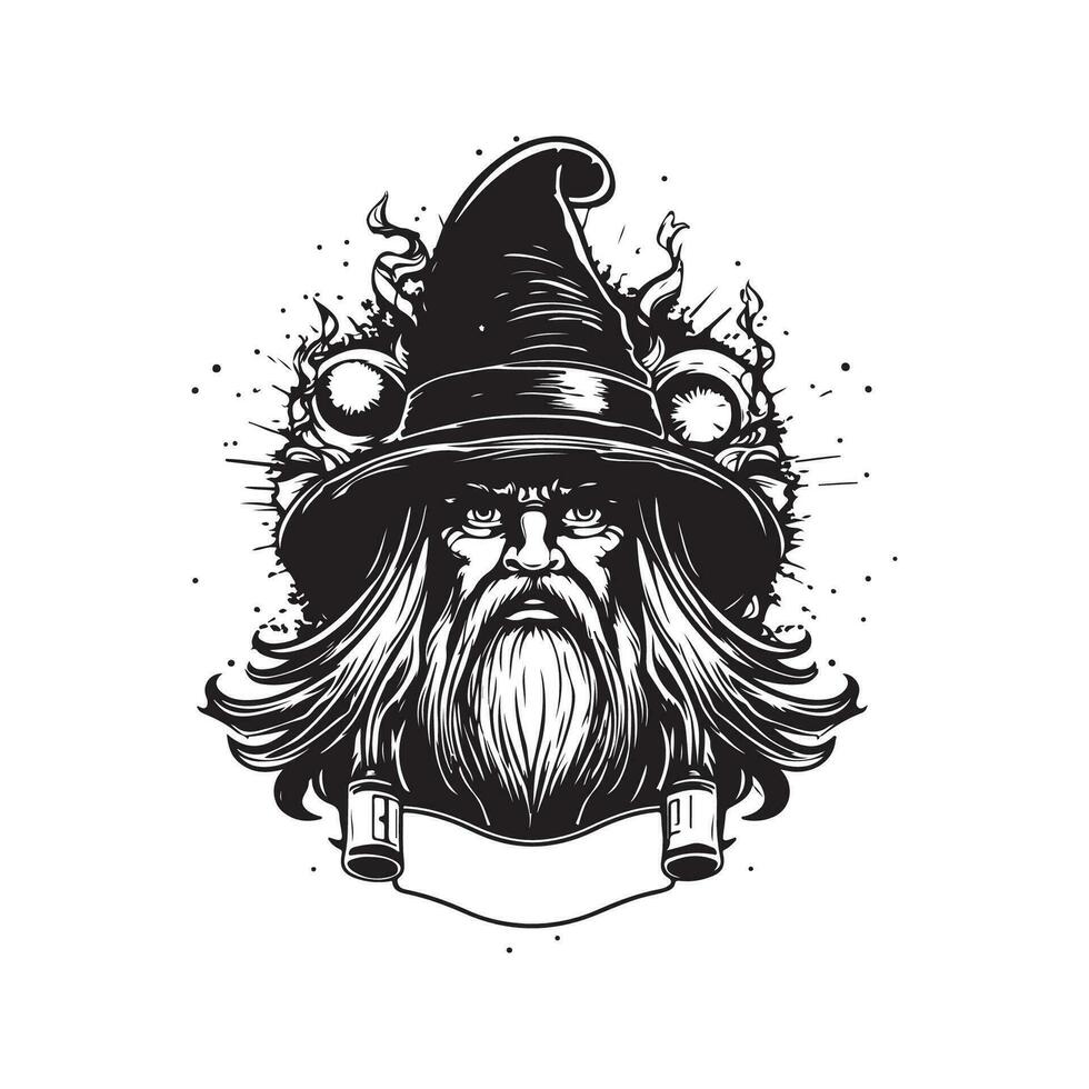 portrait de une magicien, ancien logo ligne art concept noir et blanc couleur, main tiré illustration vecteur