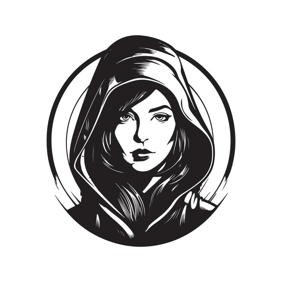 futuriste femme dans encapuchonné, ancien logo ligne art concept noir et blanc couleur, main tiré illustration vecteur