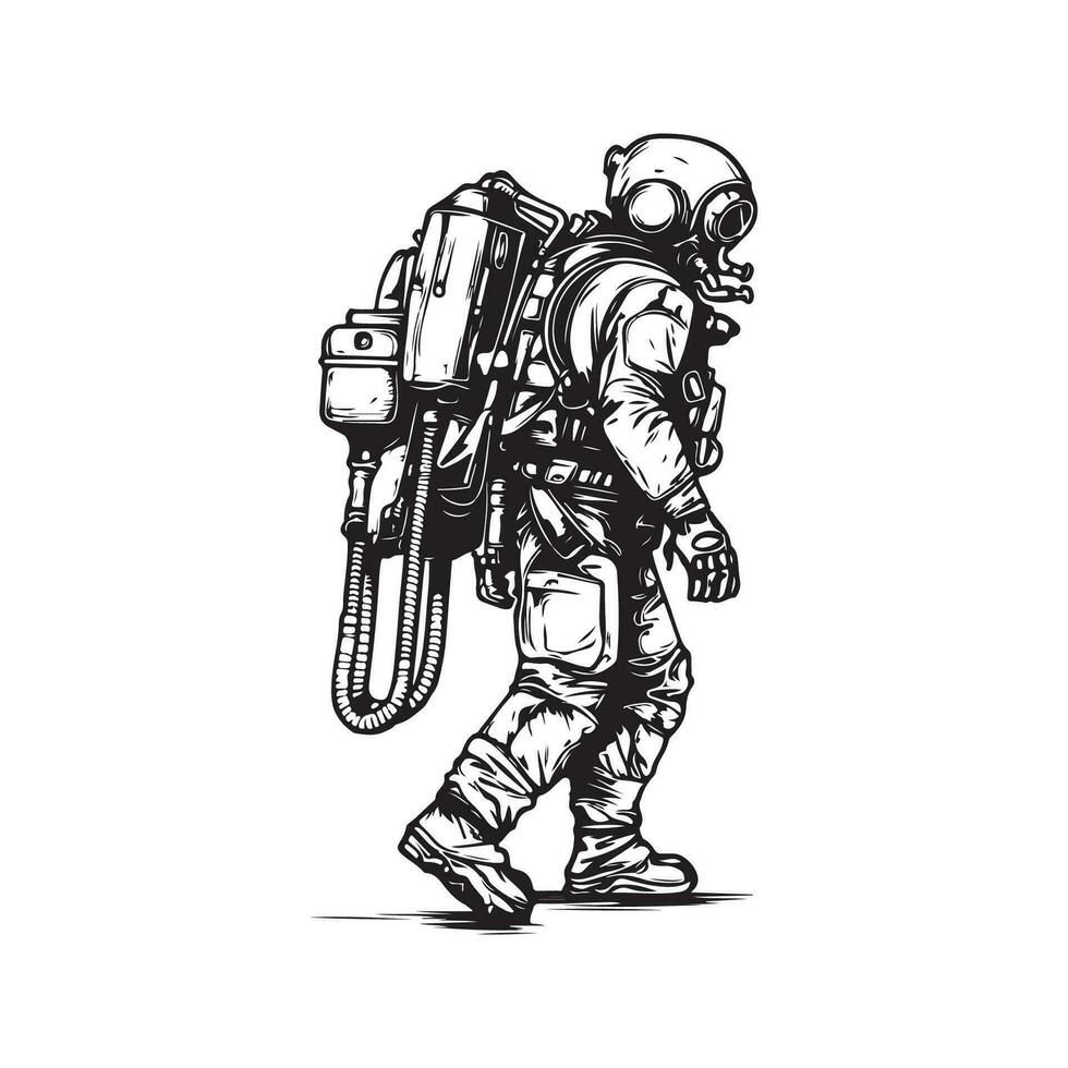 militaire combat exosquelette personnage, ancien logo ligne art concept noir et blanc couleur, main tiré illustration vecteur