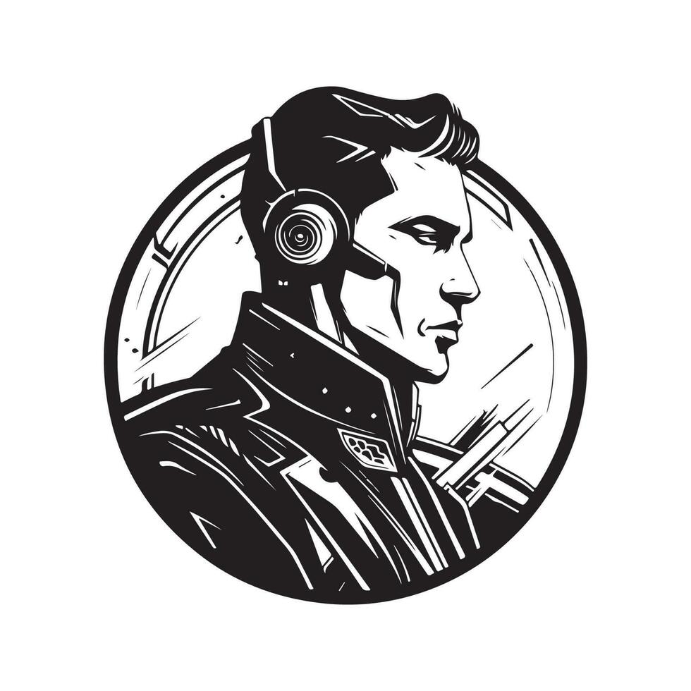 haute technologie futuriste homme, ancien logo ligne art concept noir et blanc couleur, main tiré illustration vecteur