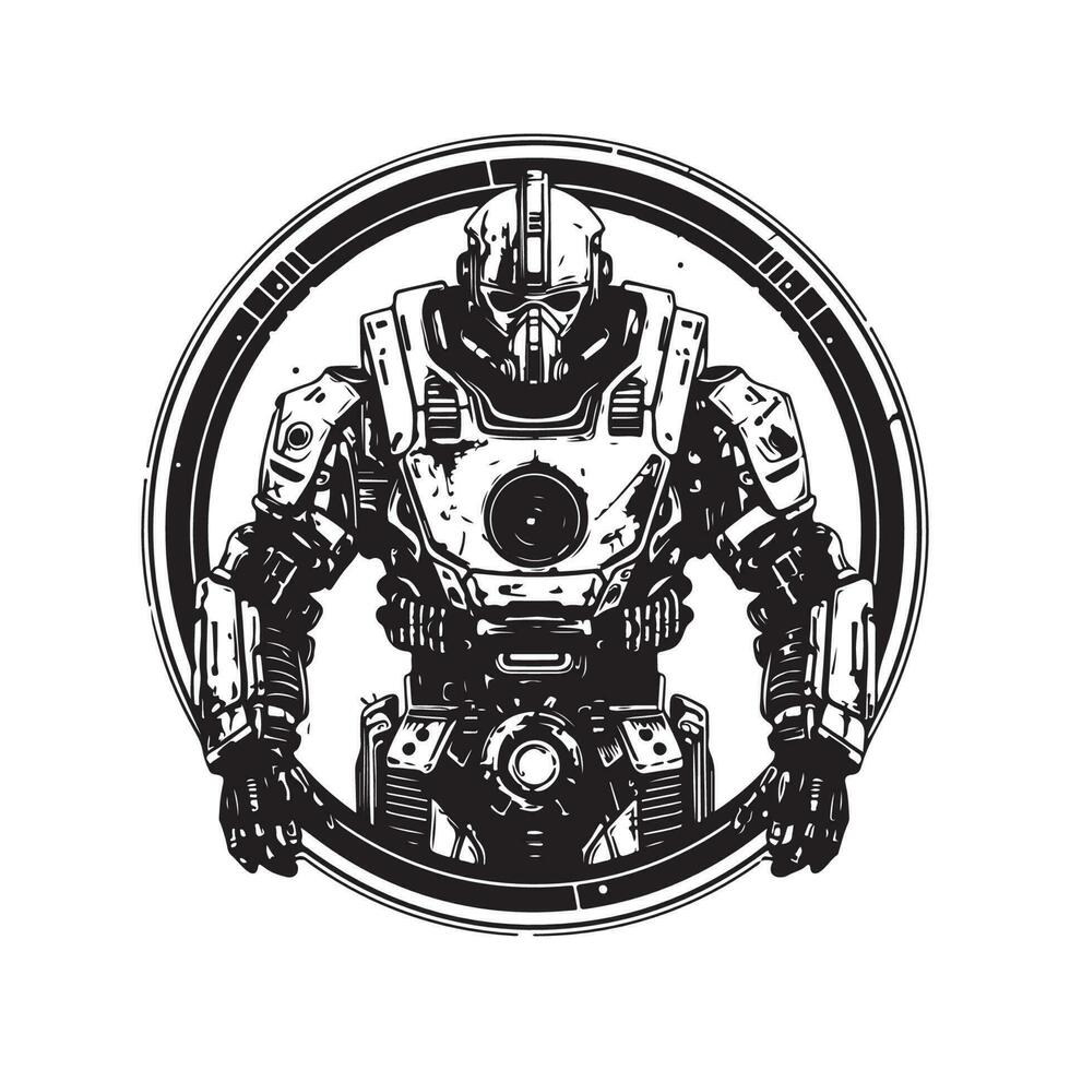 futur robotique soldat, ancien logo ligne art concept noir et blanc couleur, main tiré illustration vecteur