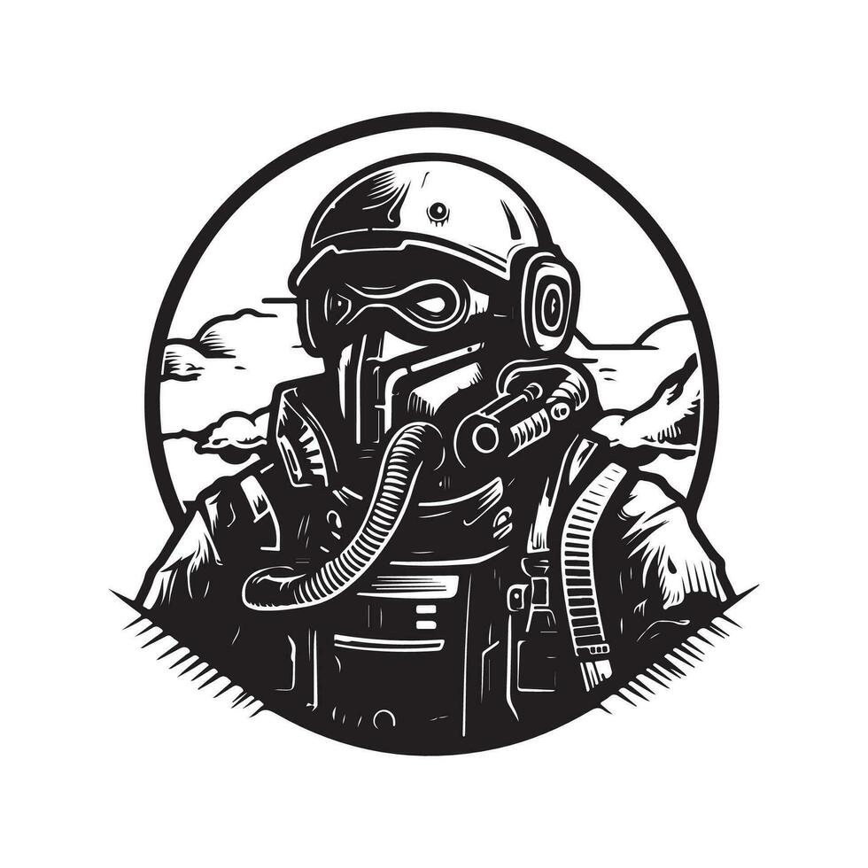 science fiction soldat, ancien logo ligne art concept noir et blanc couleur, main tiré illustration vecteur