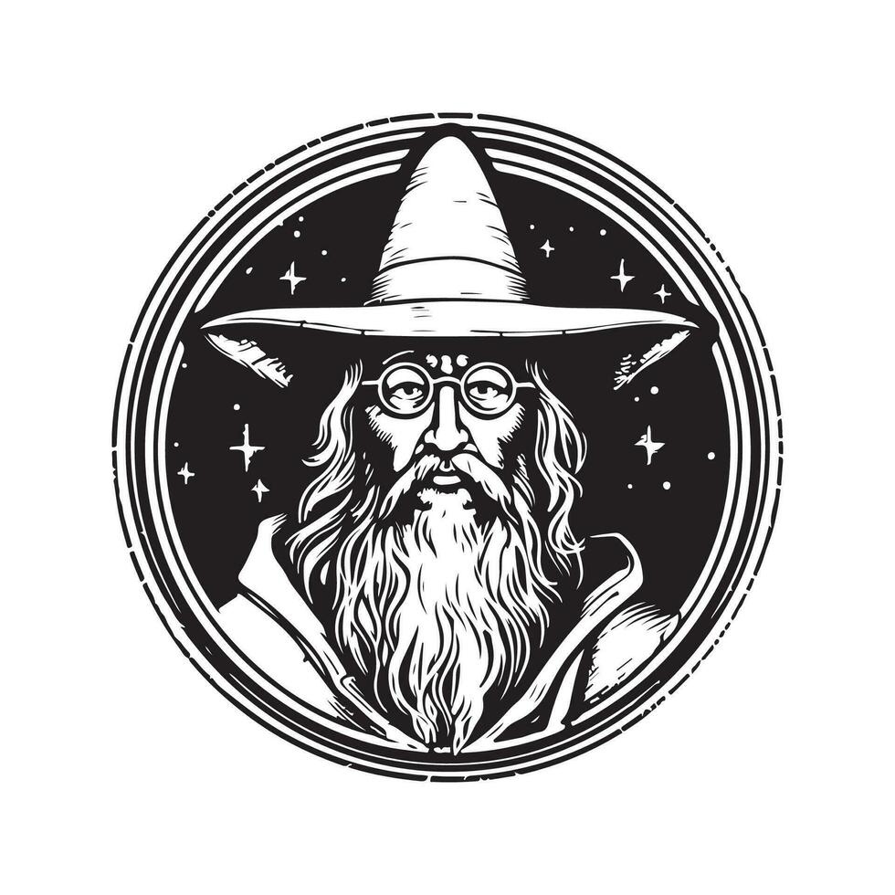 portrait de une magicien, ancien logo ligne art concept noir et blanc couleur, main tiré illustration vecteur