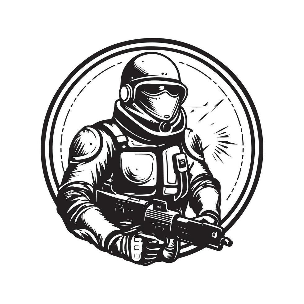 science fiction soldat, ancien logo ligne art concept noir et blanc couleur, main tiré illustration vecteur