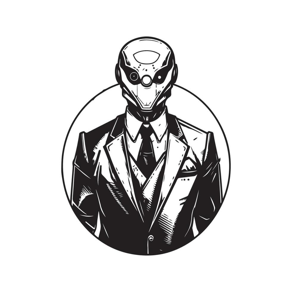 futuriste costume, ancien logo ligne art concept noir et blanc couleur, main tiré illustration vecteur