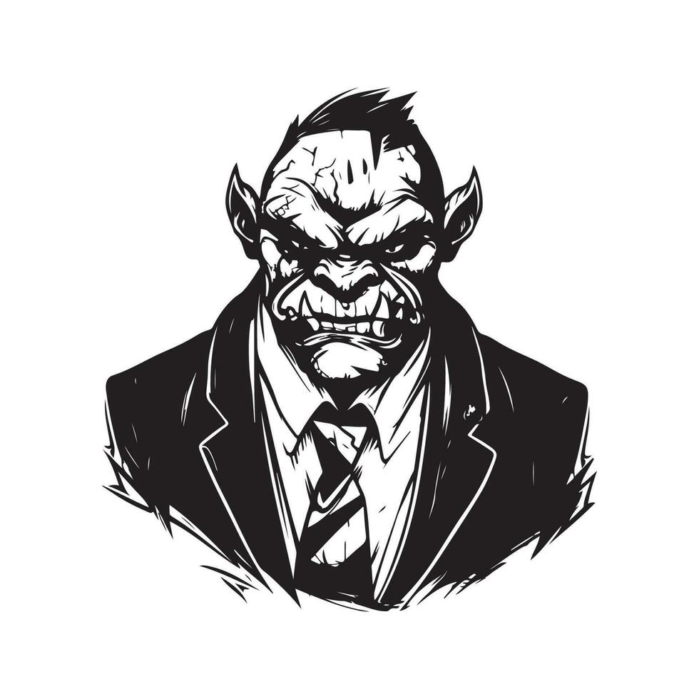 orc portant costume, ancien logo ligne art concept noir et blanc couleur, main tiré illustration vecteur