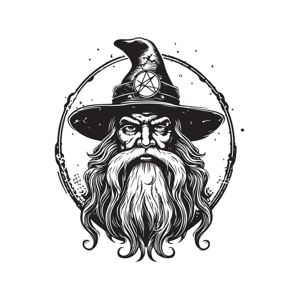 portrait de une magicien, ancien logo ligne art concept noir et blanc couleur, main tiré illustration vecteur