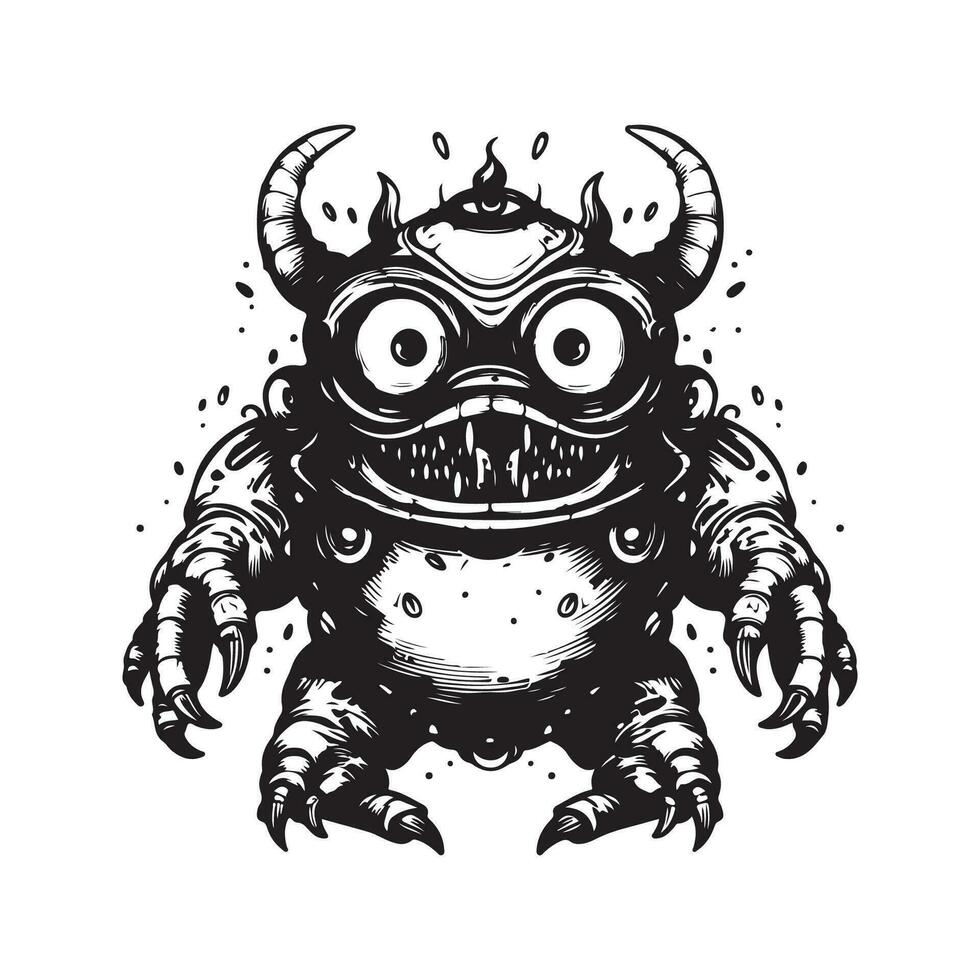 espace monstre, ancien logo ligne art concept noir et blanc couleur, main tiré illustration vecteur