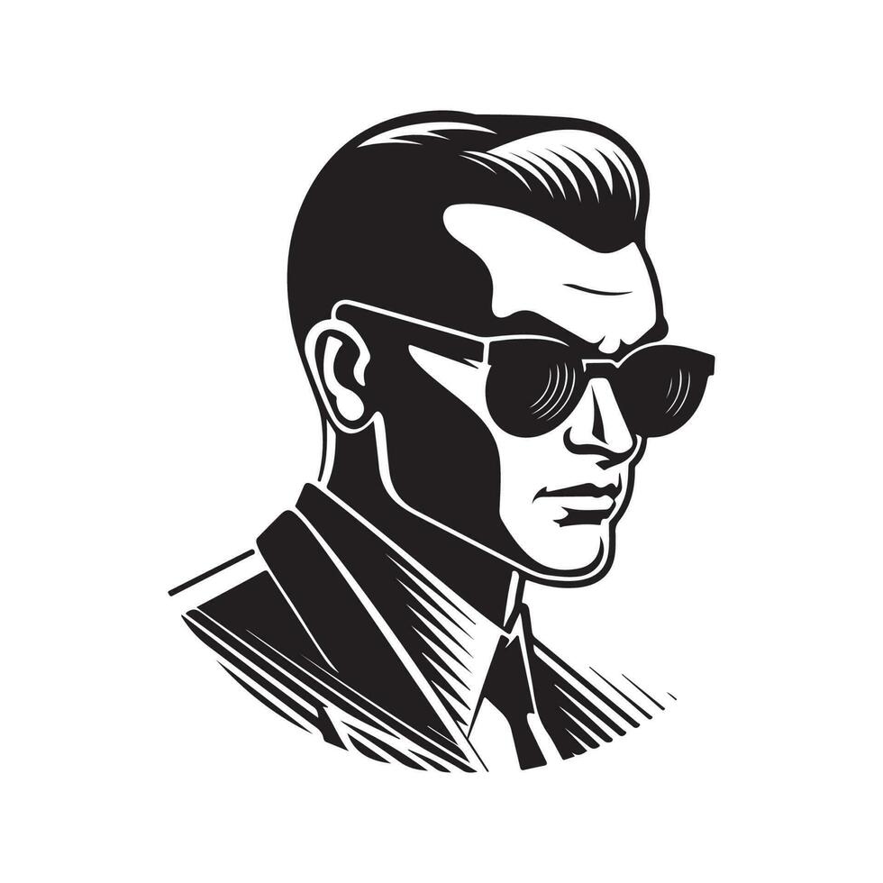 homme dans cyber lunettes, ancien logo ligne art concept noir et blanc couleur, main tiré illustration vecteur