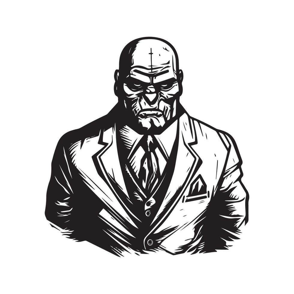 Golem portant costume, ancien logo ligne art concept noir et blanc couleur, main tiré illustration vecteur