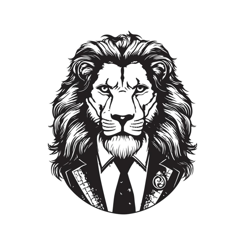 Lion portant costume, ancien logo ligne art concept noir et blanc couleur, main tiré illustration vecteur