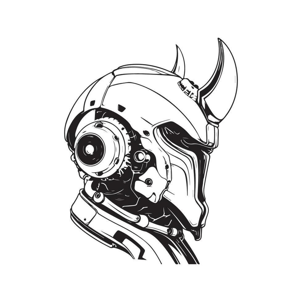 science fiction robot cornu chevalier, ancien logo ligne art concept noir et blanc couleur, main tiré illustration vecteur