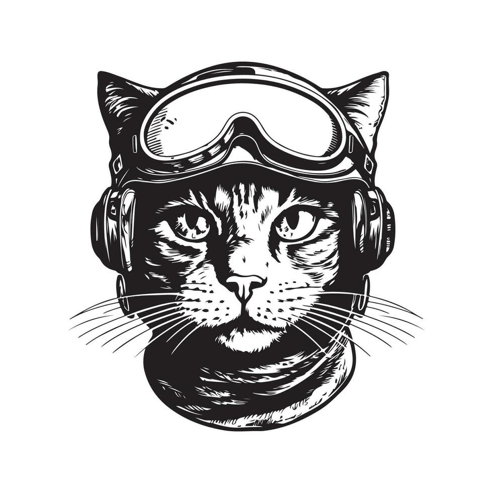 chat pilote, ancien logo ligne art concept noir et blanc couleur, main tiré illustration vecteur