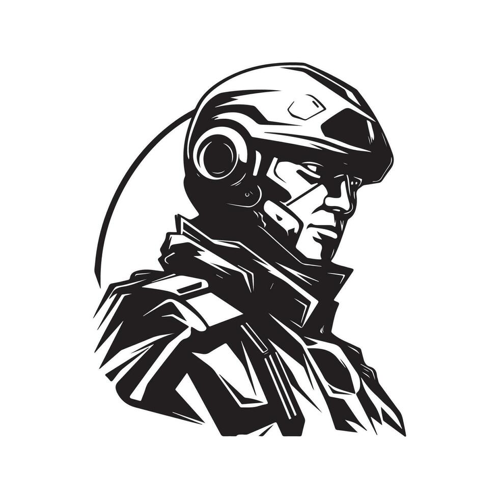 futuriste soldat, ancien logo ligne art concept noir et blanc couleur, main tiré illustration vecteur