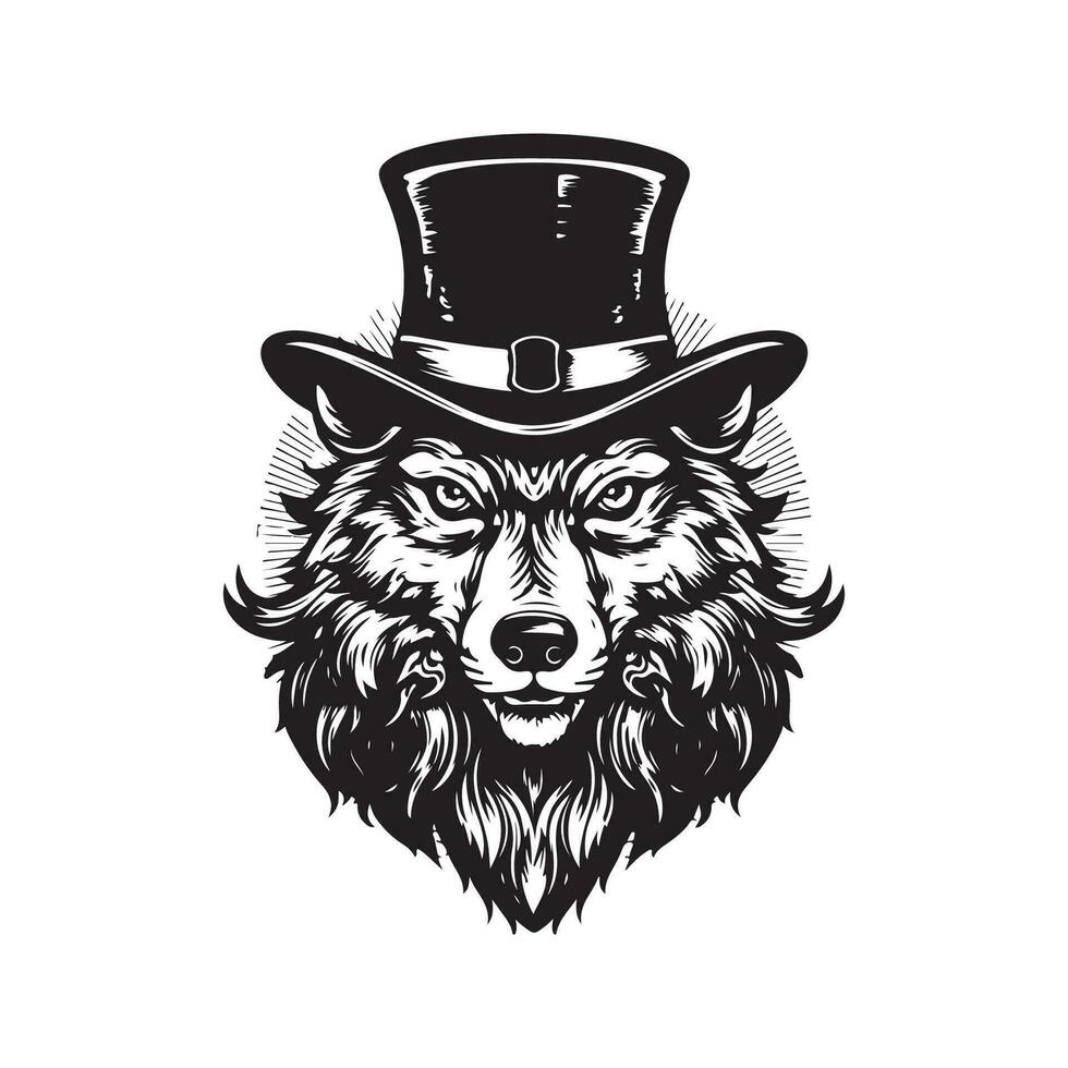 Loup magicien, ancien logo ligne art concept noir et blanc couleur, main tiré illustration vecteur