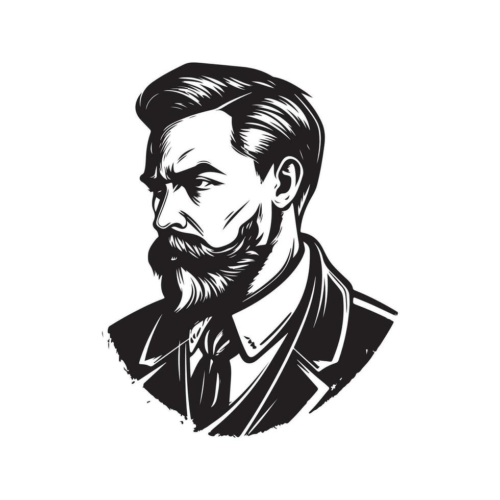 homme barbe portant costume, ancien logo ligne art concept noir et blanc couleur, main tiré illustration vecteur