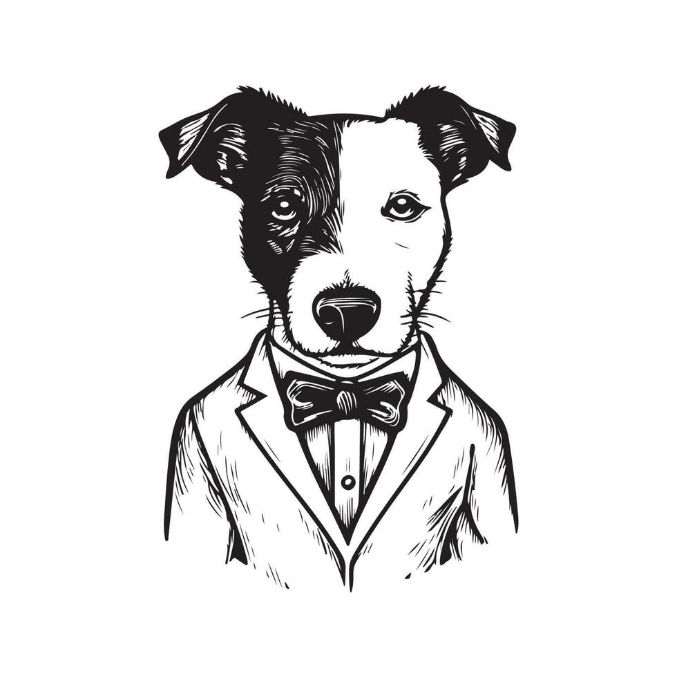 jack Russell terrier portant costume, ancien logo ligne art concept noir et blanc couleur, main tiré illustration vecteur