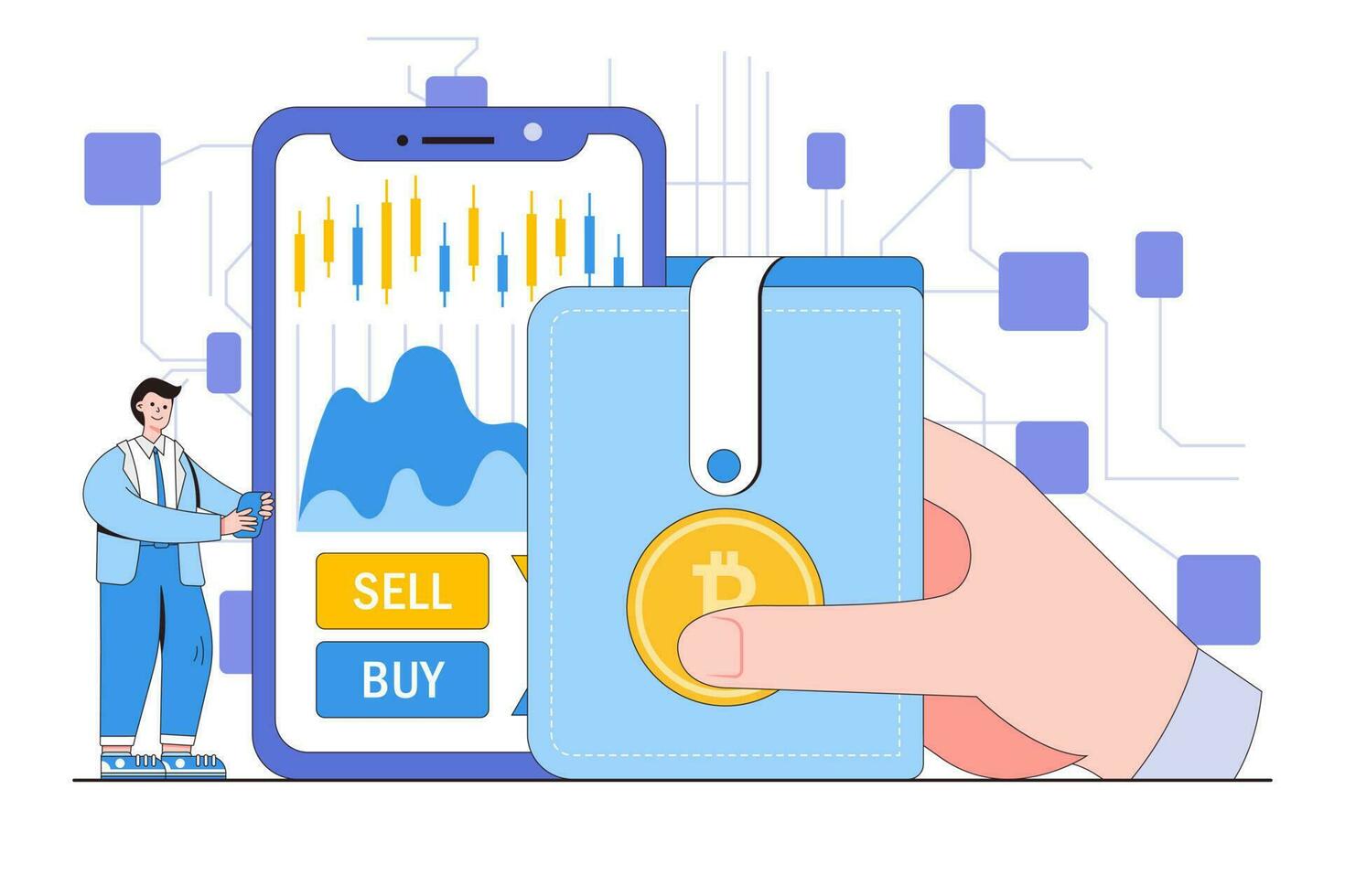 crypto-monnaie et blockchain La technologie concept avec une la personne commerce cryptomonnaies et gérant une numérique portefeuille vecteur