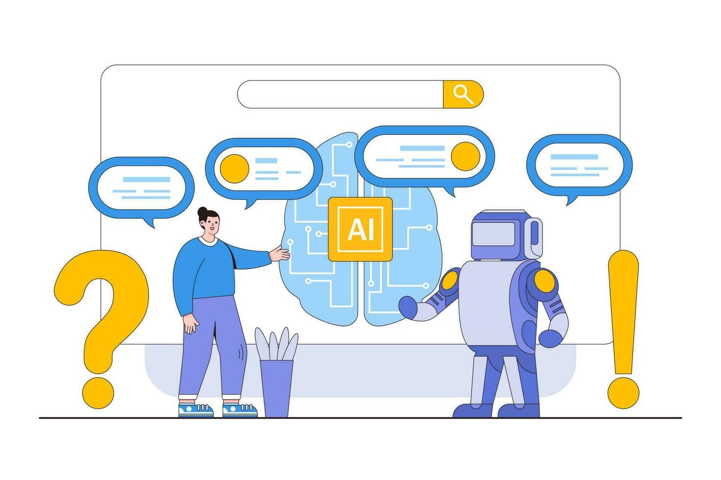 artificiel intelligence ai concept avec une la personne interagir avec propulsé par l'IA dispositifs ou chatbot virtuel assistants vecteur