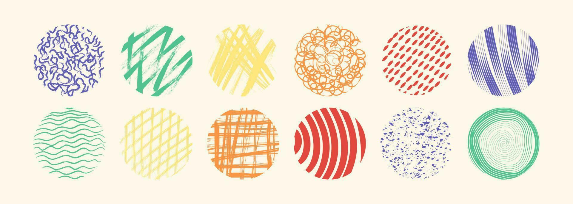 coloré abstrait cercle formes avec boucle, gouttes, taches, courbes, lignes et vagues dans branché rétro style. main tiré griffonnage éléments. vecteur illustration avec ondulé et spirale éléments