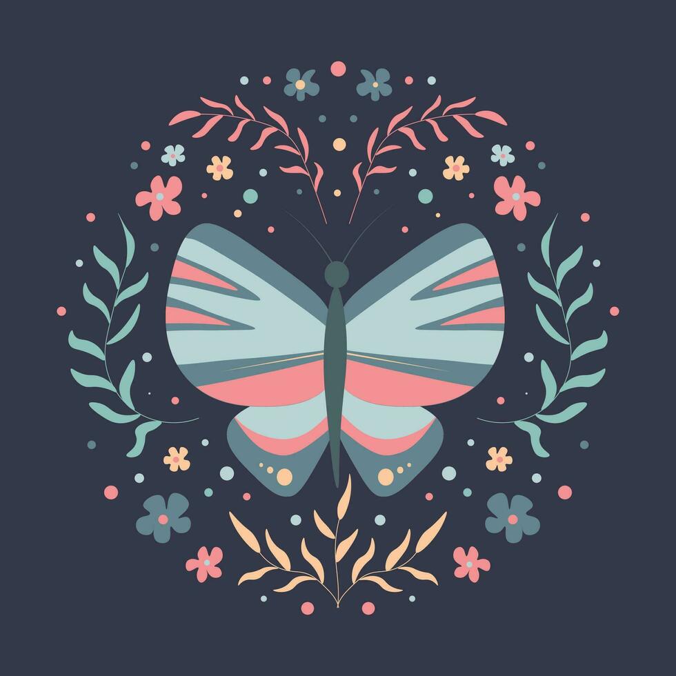 papillon avec fleurs et feuilles dans une cercle. printemps floral cercle conception avec fleurs et papillon vecteur