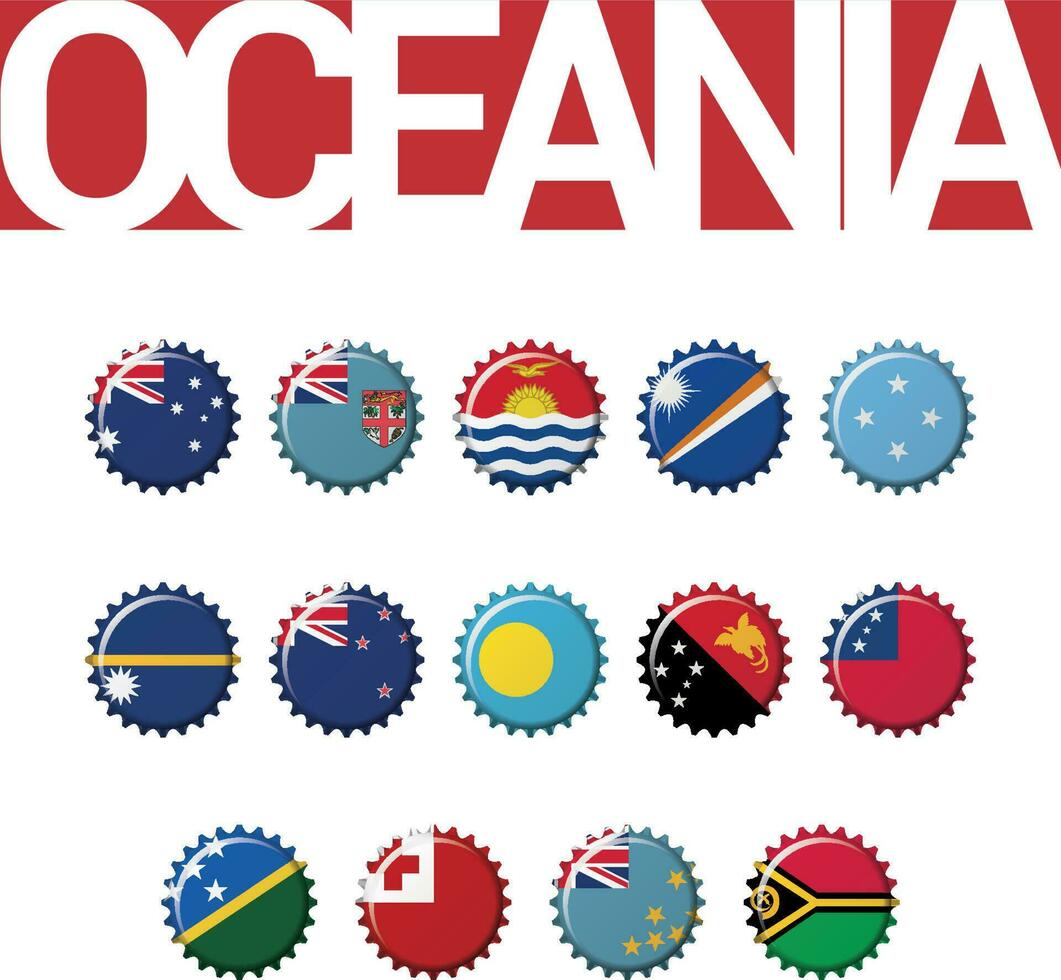 ensemble de 14 bouchon de la bouteille drapeaux de Océanie. vecteur illustration. Australie, Fidji, Kiribati, Marshall est, micronésie, nauru, Nouveau la zélande, palau, papouasie Nouveau Guinée, samoa, Salomon est, Tonga, Tuvalu, Vanuatu.