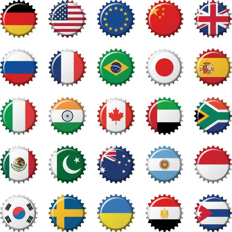 ensemble de 25 drapeaux monde Haut des pays sur bouteille casquettes. vecteur illustration