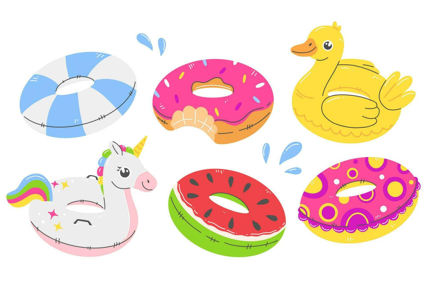 ensemble cercles pour nager dans une plat style. caoutchouc anneaux, gonflable bague collection. Licorne, pastèque, canard, Donut. vecteur illustration.