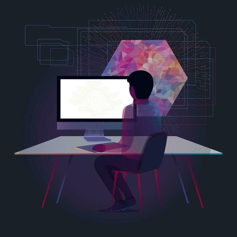 portrait de Masculin graphique designer travail sur ordinateur à lieu de travail et abstrait Contexte. vecteur
