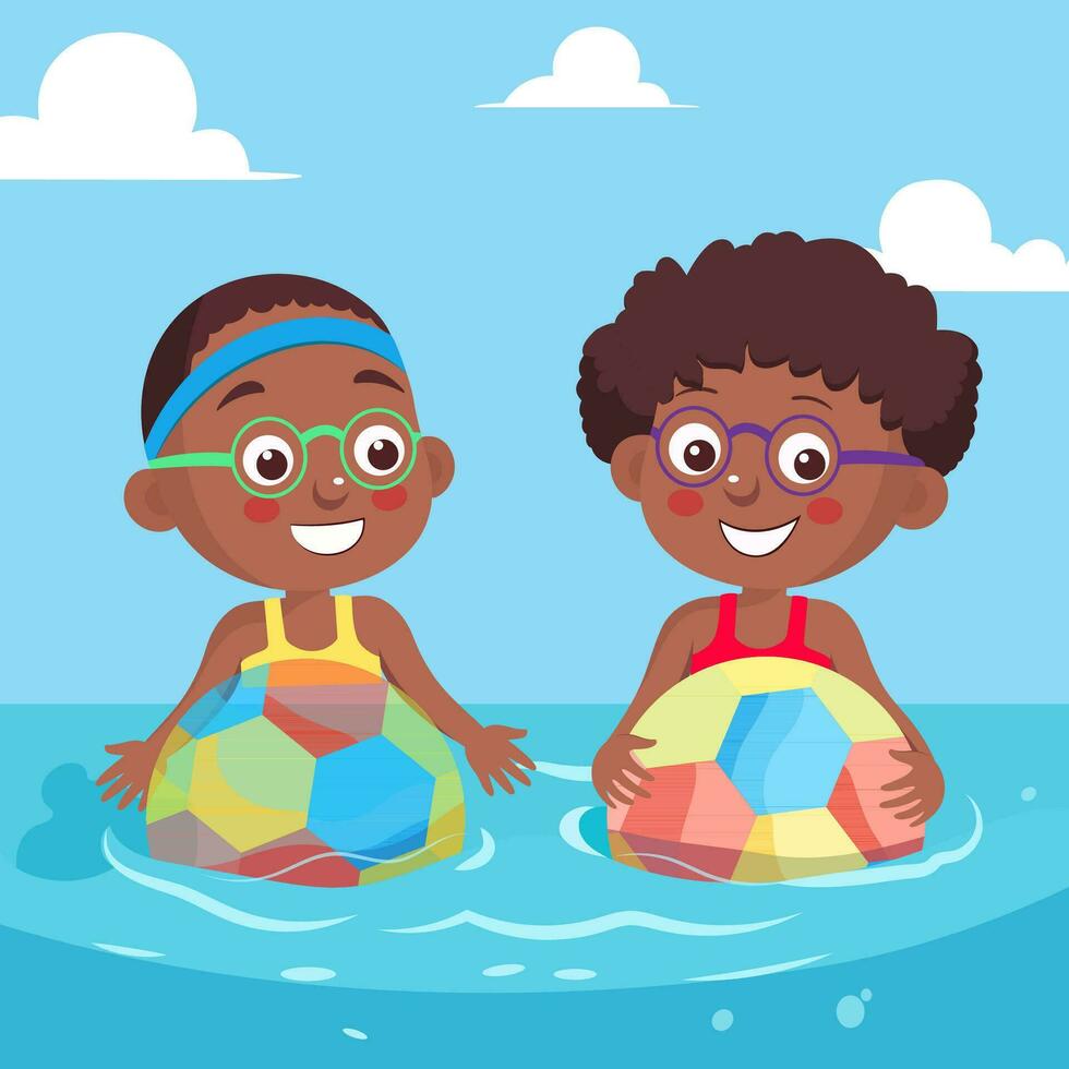 content deux africain garçons personnage porter des lunettes de protection et en jouant Football dans l'eau pour bassin fête sur été vacances. vecteur