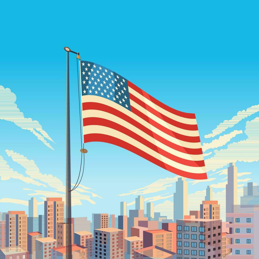 américain drapeau agitant avec gratte-ciel bâtiment de le ville dans bleu ciel voir. Etats-Unis nationale Festival fête affiche conception. vecteur