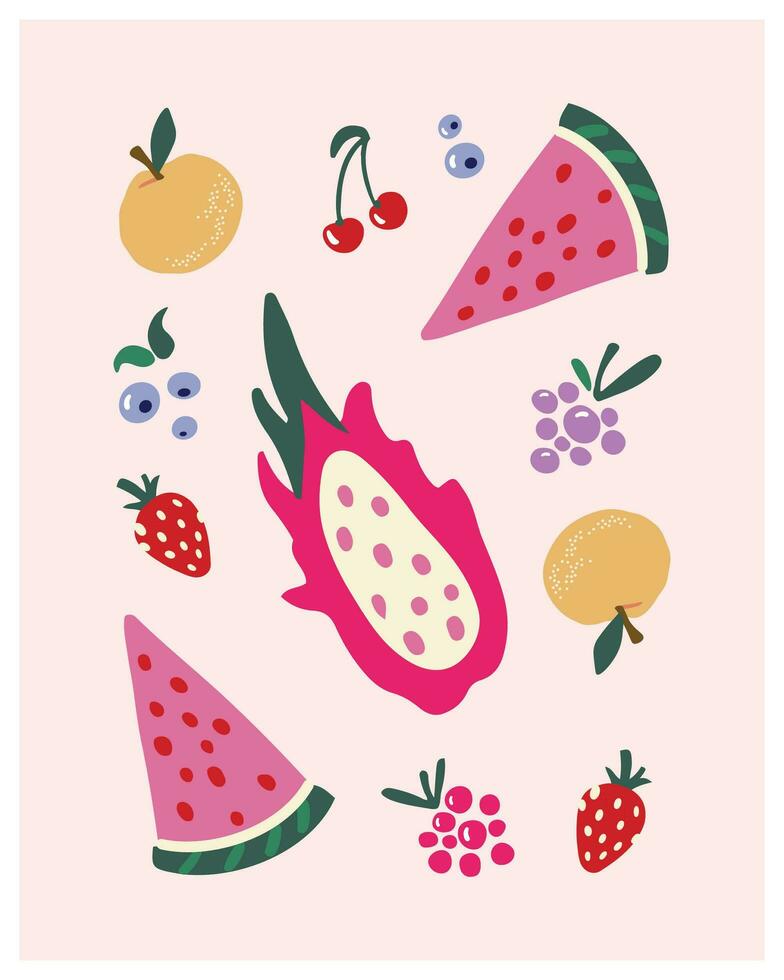 fruit et baie vecteur affiche conception. main tiré composition de framboise, myrtille, mûre, cerise, fraise, pastèque, dragon fruit, Orange
