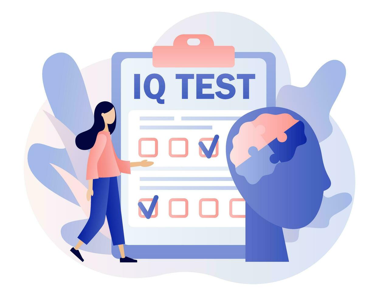 iq test. intelligence quotient. minuscule femme déterminer cognitif capacités. moderne plat dessin animé style. vecteur illustration sur blanc Contexte