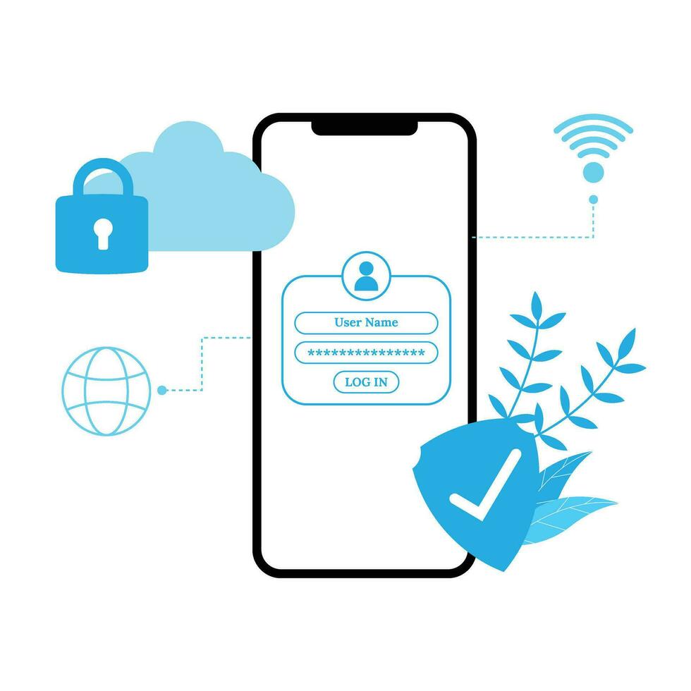 cyber Sécurité illustration sur téléphone intelligent plat conception bleu Couleur protégé mot de passe et personnel information sur l'Internet vecteur