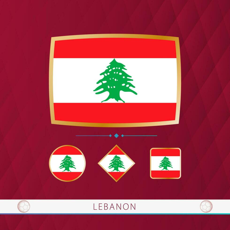 ensemble de Liban drapeaux avec or Cadre pour utilisation à sportif événements sur une Bourgogne abstrait Contexte. vecteur