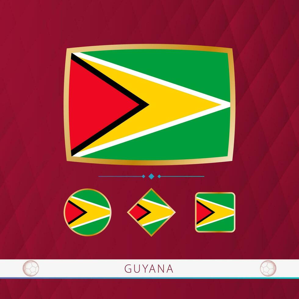 ensemble de Guyane drapeaux avec or Cadre pour utilisation à sportif événements sur une Bourgogne abstrait Contexte. vecteur