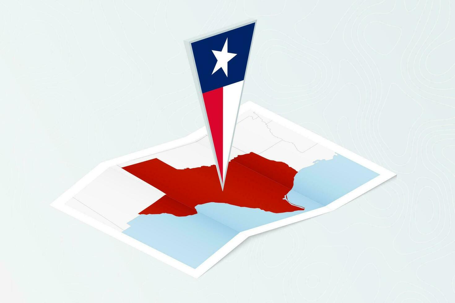 isométrique papier carte de Texas avec triangulaire drapeau de Texas dans isométrique style. carte sur topographique Contexte. vecteur