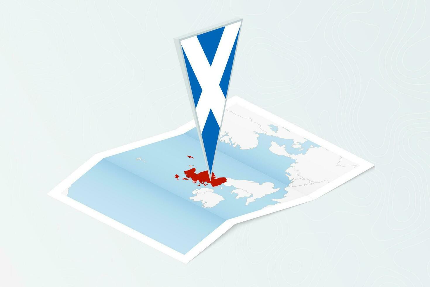 isométrique papier carte de Écosse avec triangulaire drapeau de Écosse dans isométrique style. carte sur topographique Contexte. vecteur