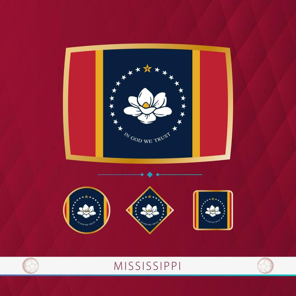 ensemble de Mississippi drapeaux avec or Cadre pour utilisation à sportif événements sur une Bourgogne abstrait Contexte. vecteur