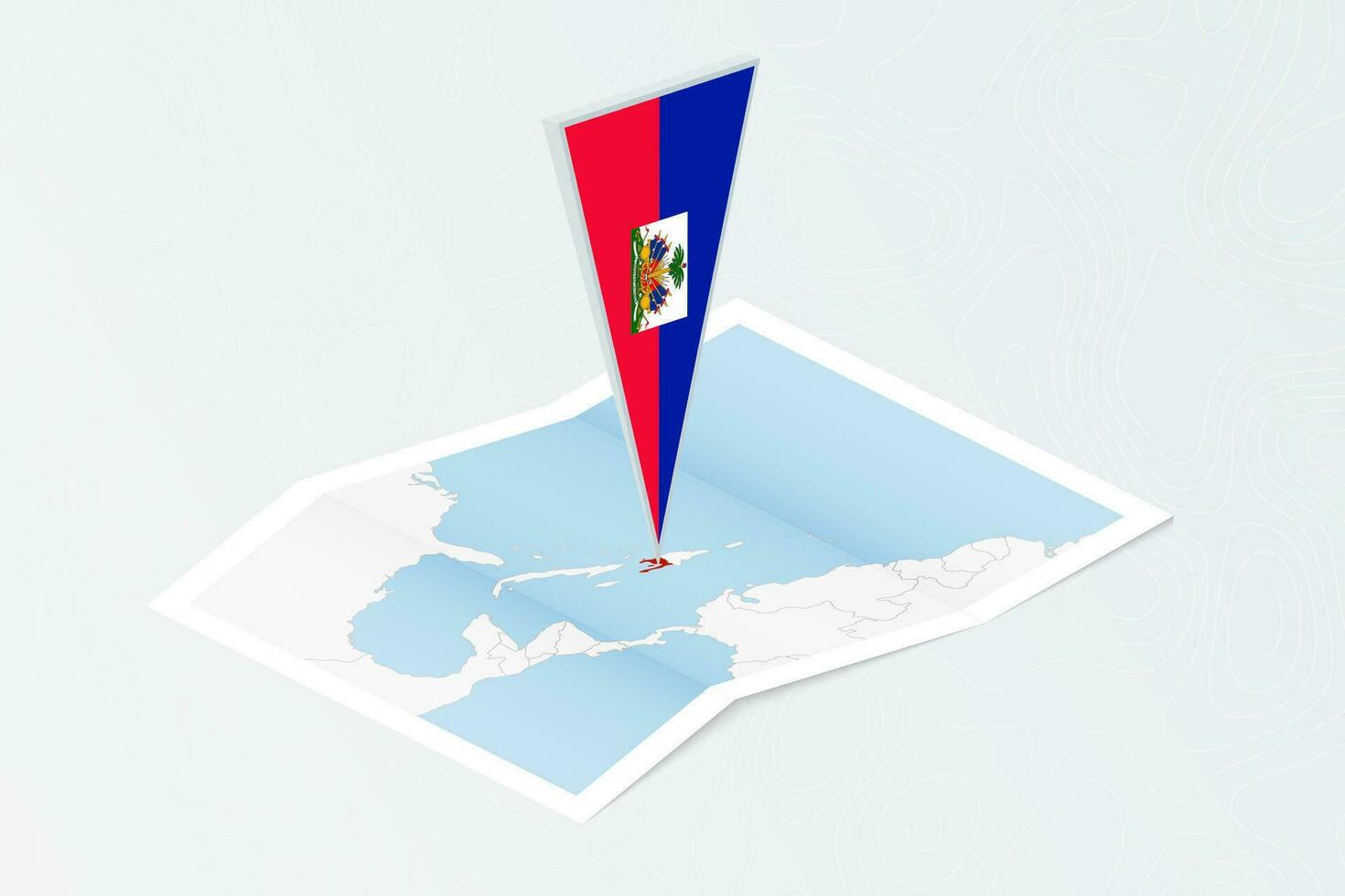 isométrique papier carte de Haïti avec triangulaire drapeau de Haïti dans isométrique style. carte sur topographique Contexte. vecteur