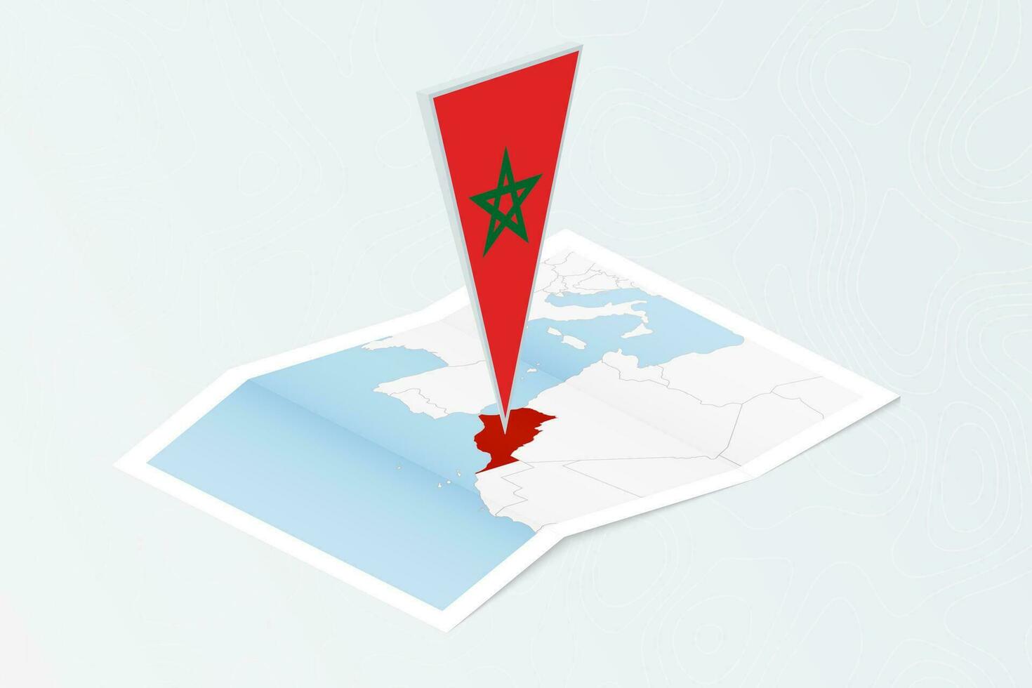 isométrique papier carte de Maroc avec triangulaire drapeau de Maroc dans isométrique style. carte sur topographique Contexte. vecteur