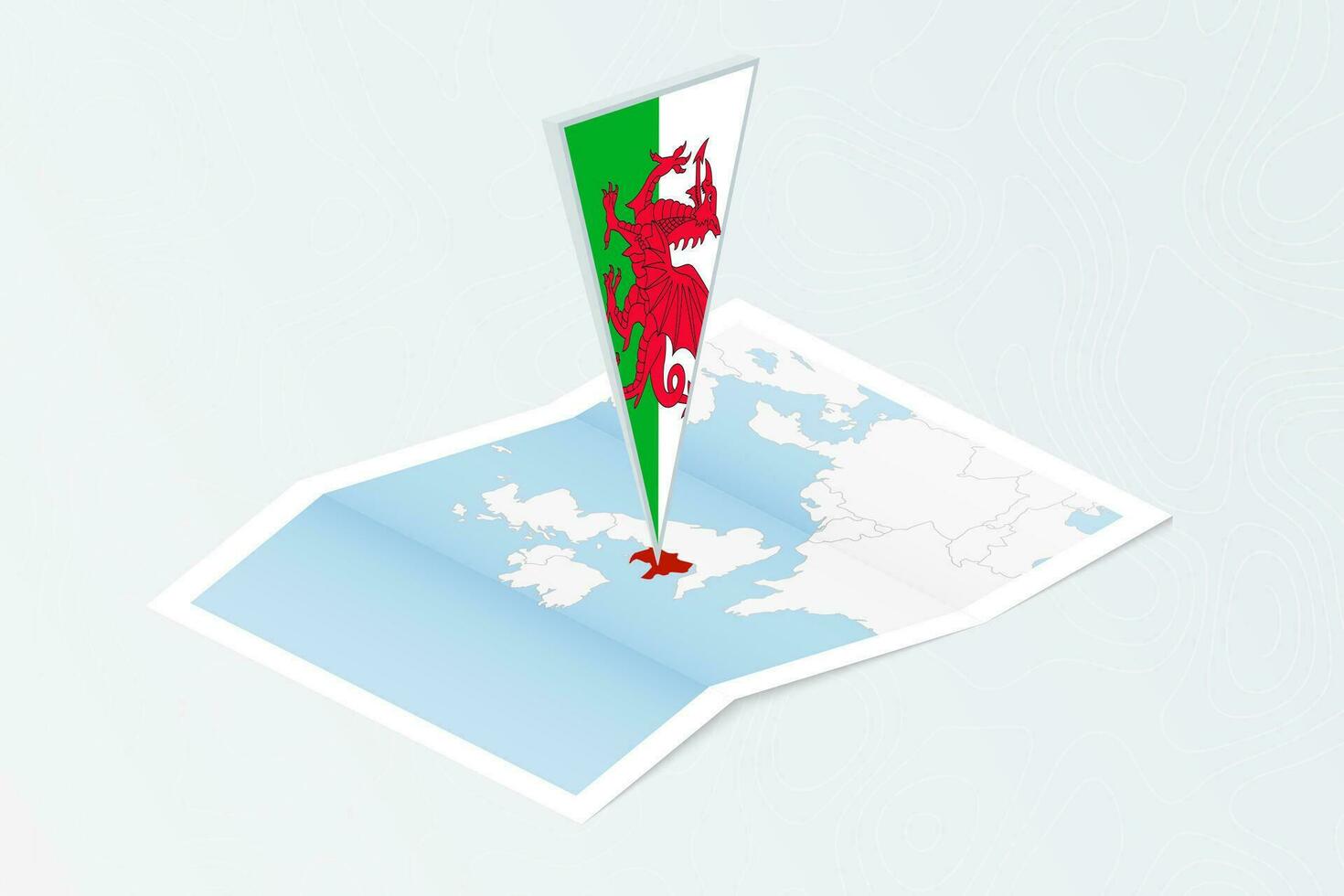 isométrique papier carte de Pays de Galles avec triangulaire drapeau de Pays de Galles dans isométrique style. carte sur topographique Contexte. vecteur