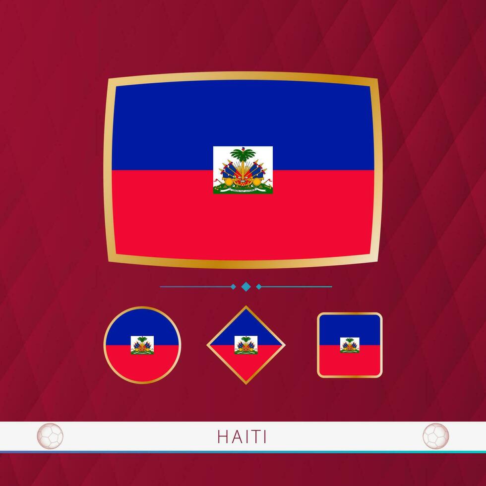 ensemble de Haïti drapeaux avec or Cadre pour utilisation à sportif événements sur une Bourgogne abstrait Contexte. vecteur