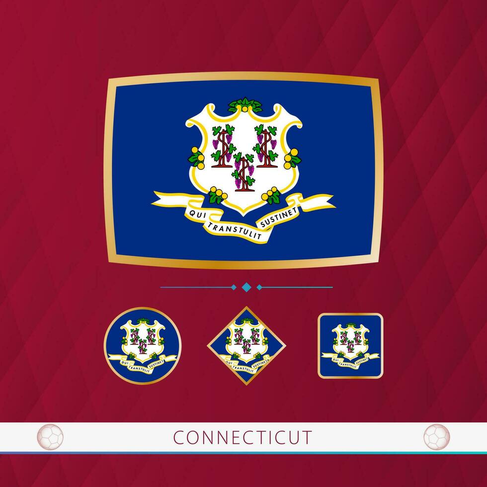 ensemble de Connecticut drapeaux avec or Cadre pour utilisation à sportif événements sur une Bourgogne abstrait Contexte. vecteur