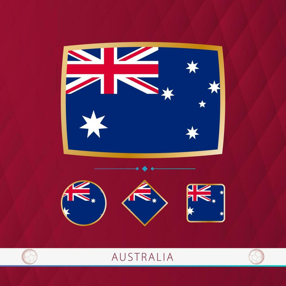 ensemble de Australie drapeaux avec or Cadre pour utilisation à sportif événements sur une Bourgogne abstrait Contexte. vecteur