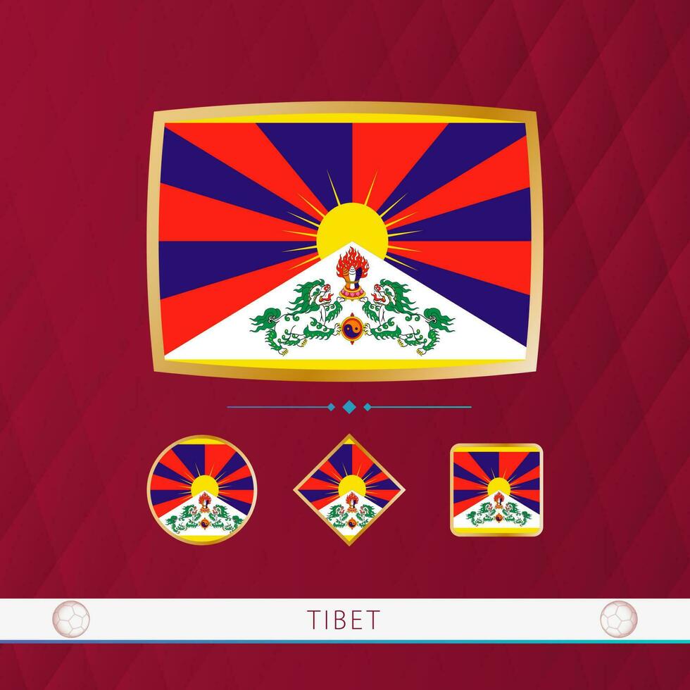 ensemble de Tibet drapeaux avec or Cadre pour utilisation à sportif événements sur une Bourgogne abstrait Contexte. vecteur
