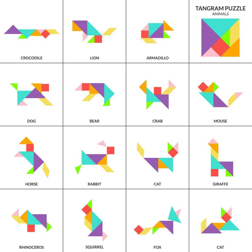 tangram puzzle Jeu pour enfants. vecteur coloré collection avec divers isolé animaux domestiques et sauvage animaux. isolé tangram animaux Icônes sur blanc toile de fond. vecteur illustration