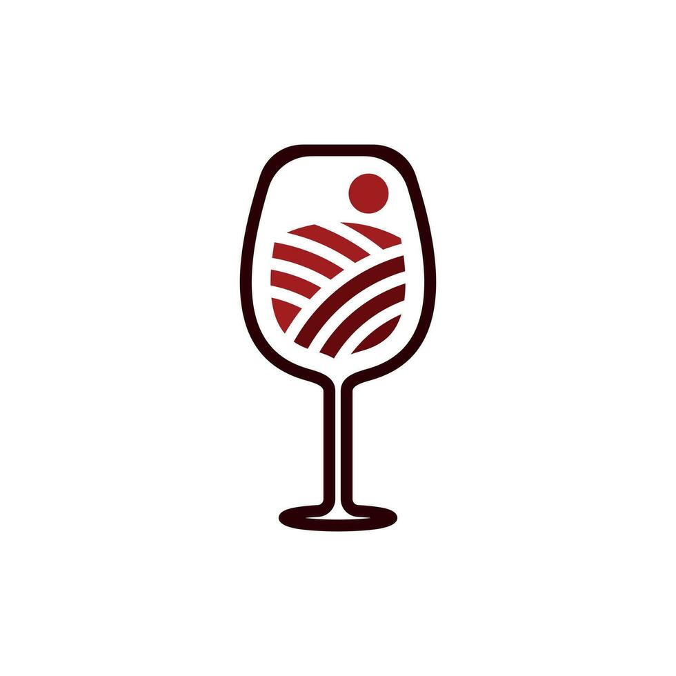 verre du vin ferme logo conception, ferme vignoble et le coucher du soleil du vin verre entrepôt icône modèle. vecteur