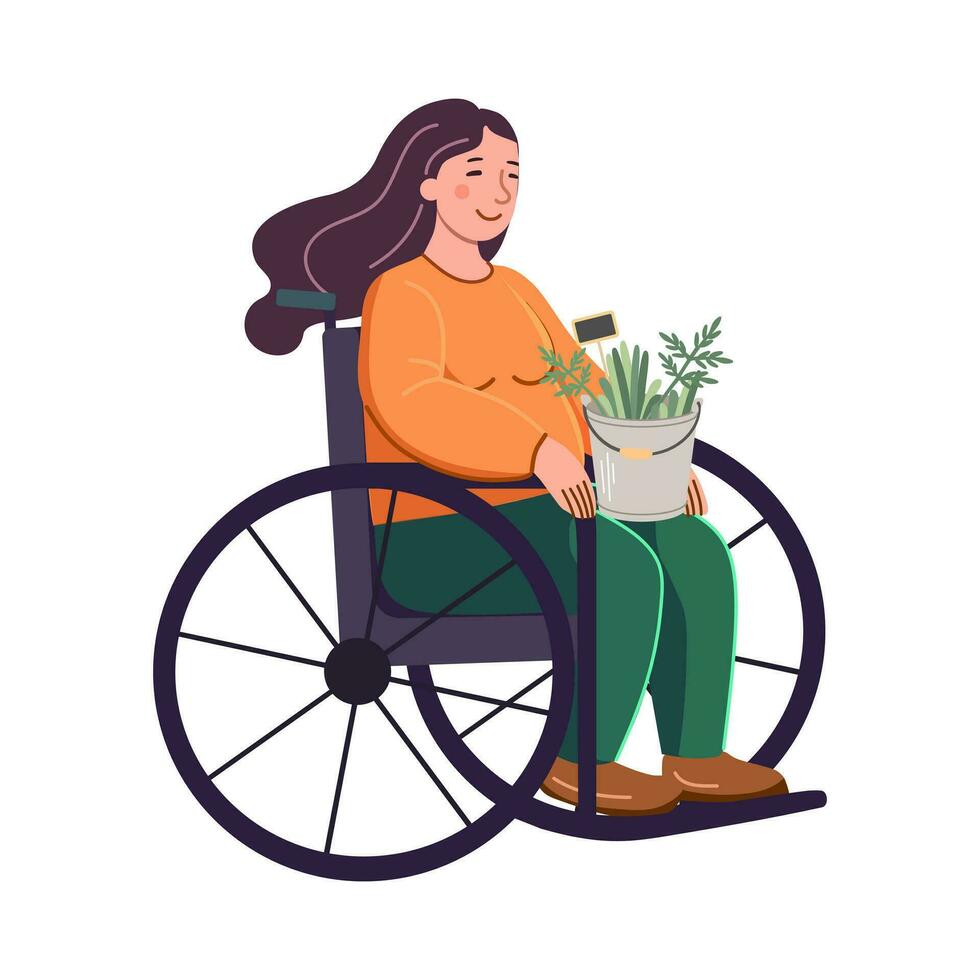 Jeune femme dans une fauteuil roulant avec une seau de les plantes sur sa genoux. jardinage plat vecteur illustration. égalité, tolérance, inclusion.