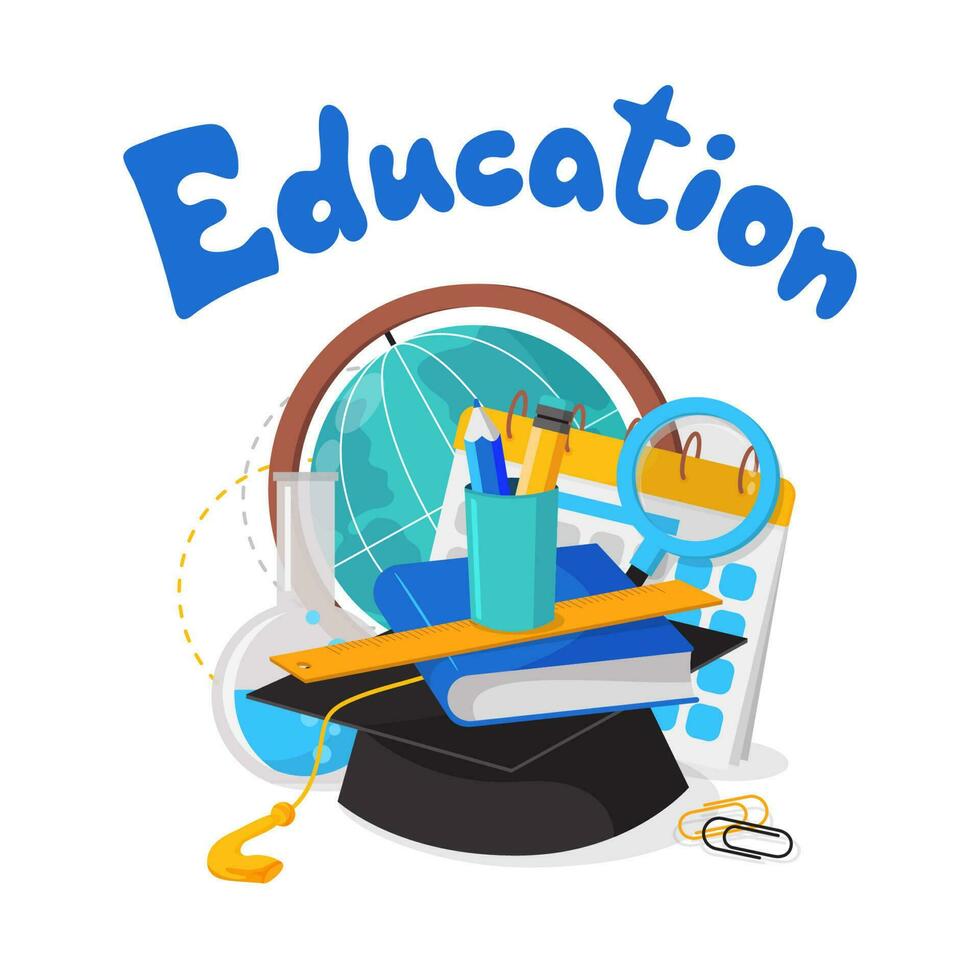 éducation concept. école objets, globe, livre, règle, papeterie vecteur